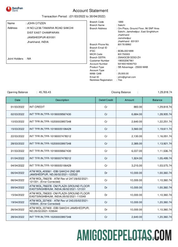 Modelo de extrato bancário Índia Bandhan em branco, formato Word e PDF, 2 páginas